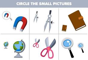 Bildung Spiel zum Kinder Kreis das klein Bild von süß Karikatur Magnet Teiler Buch Globus Schere Lupe druckbar Werkzeug Arbeitsblatt vektor