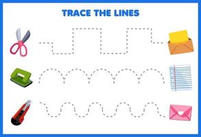 Bildung Spiel zum Kinder Handschrift trainieren Spur das Linien mit süß Karikatur Schere Puncher Cutter Bewegung zu Briefumschlag Papier Bild Werkzeug Arbeitsblatt vektor