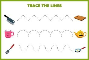Bildung Spiel zum Kinder Handschrift trainieren Spur das Linien mit süß Karikatur Messer Becher Spatel Bewegung zu Hacken Tafel Teekanne braten schwenken Bild Werkzeug Arbeitsblatt vektor