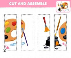 utbildning spel för barn skärande öva och montera pussel med söt tecknad serie borsta bläck och palett tryckbar verktyg kalkylblad vektor
