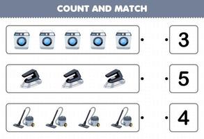 Bildung Spiel zum Kinder Anzahl das Nummer von süß Karikatur Waschen Maschine Eisen Vakuum Reiniger und Spiel mit das richtig Zahlen druckbar Werkzeug Arbeitsblatt vektor