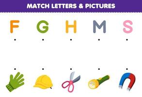 Bildung Spiel zum Kinder Spiel Briefe und Bilder von süß Karikatur Handschuh Helm Schere Taschenlampe Magnet druckbar Werkzeug Arbeitsblatt vektor