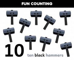 Bildung Spiel zum Kinder Spaß Zählen zehn schwarz Hämmer druckbar Werkzeug Arbeitsblatt vektor