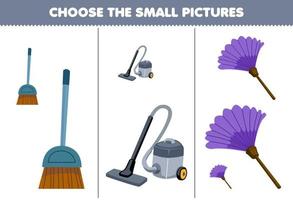 utbildning spel för barn välja de små bild av söt tecknad serie kvast Vakuum rengöringsmedel dammtrasa tryckbar verktyg kalkylblad vektor