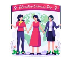 ein Gruppe von vielfältig Frauen Stehen zusammen halten Hände. kämpfen zum Freiheit, Unabhängigkeit, und Gleichwertigkeit. Damen Tag Konzept Illustration vektor