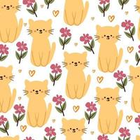 nahtlose musterkarikaturkatze und -blume. niedliche tiertapete für textilien, geschenkpapier vektor