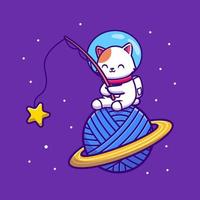 süß Astronaut Katze Angeln Star auf Garn wolle Planet Karikatur Vektor Symbol Illustration Tier Wissenschaft Symbol Konzept isoliert Prämie Vektor. eben Karikatur Stil