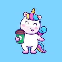 süß Einhorn halten Kaffee Karikatur Vektor Symbol Illustration. Tier Essen und trinken Symbol Konzept isoliert Prämie Vektor. eben Karikatur Stil