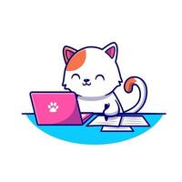 süß Katze Arbeiten Laptop und Schreiben auf Papier Karikatur Vektor Symbol Illustration. Tier Technologie Symbol Konzept isoliert Prämie Vektor. eben Karikatur Stil