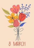 8 Mars, internationell kvinnors dag. hälsning kort eller vykort mallar med bukett av blommor för kort, affisch, flygblad. flicka kraft, feminism, systerskap begrepp. vektor