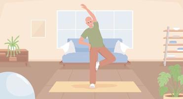 morgon- sträckor för äldre platt Färg vektor illustration. senior man uppvärmningen upp innan yoga aktivitet på matta. fullt redigerbar 2d enkel tecknad serie karaktär med mysigt levande rum interiör på bakgrund