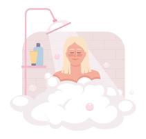 nehmen Dusche nach aufwachen oben 2d Vektor isoliert Illustration. glücklich blond Frau Baden mit Luftblasen eben Charakter auf Karikatur Hintergrund. bunt editierbar Szene zum Handy, Mobiltelefon, Webseite, Präsentation