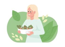 Essen nahrhaft Frühstück 2d Vektor isoliert Illustration. glücklich blond jung Frau mit Salat Schüssel eben Charakter auf Karikatur Hintergrund. bunt editierbar Szene zum Handy, Mobiltelefon, Webseite, Präsentation