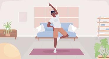 utövar efter vakna upp platt Färg vektor illustration. ung man stretching ärm och stående på yoga matta. fullt redigerbar 2d enkel tecknad serie karaktär med mysigt levande rum interiör på bakgrund