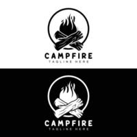 lägereld logotyp design, camping vektor, trä brand och skog design vektor