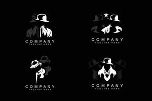 Detektiv-Mann-Logo-Design, Mafia-Detektiv-Mode-Smoking und Hut-Illustrationsvektor, Blackman-Geschäftsmann-Symbol vektor