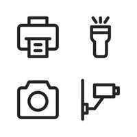 Elektronik Gerät Symbole Satz. Drucker, flas Licht, Kamera, Videoüberwachung perfekt zum Webseite Handy, Mobiltelefon Anwendung, App Symbole, Präsentation, Illustration und irgendein andere Projekte vektor