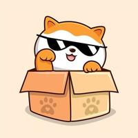 Katze im das Box Karikatur - - süß Weiß Orange Muschi Katze mit Sonnenbrille vektor