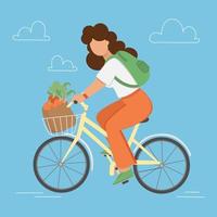 Fahrrad Garten eben Stil Frau Einkaufen Vektor Illustration