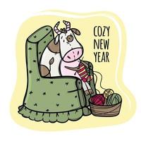 Kuh strickt und wünscht sich ein gemütlich Neu Jahr Vektor Illustration einstellen