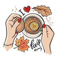 Tasse von Herbst Tee fallen Hand gezeichnet Vektor Illustration einstellen