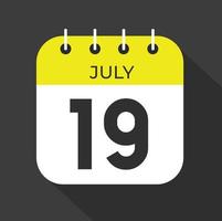 juli dag 19. siffra nitton på en vit papper med gul Färg gräns på en svart bakgrund vektor. vektor