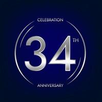 34 Jubiläum. vierunddreißig Jahre Geburtstag Feier Banner im Silber Farbe. kreisförmig Logo mit elegant Nummer Design. vektor