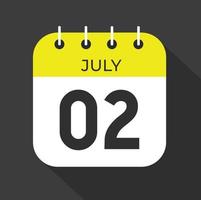 Juli Tag 2. Nummer zwei auf ein Weiß Papier mit Gelb Farbe Rand auf ein schwarz Hintergrund Vektor. vektor