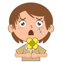 flicka innehav blomma gråt ansikte tecknad serie söt vektor