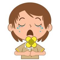 flicka innehav blomma gråt ansikte tecknad serie söt vektor