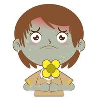 flicka innehav blomma pandemi ansikte tecknad serie söt vektor