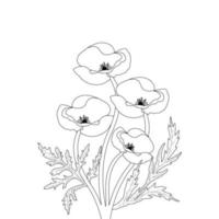 blomma färg sida och bok vallmo blomma linje konst hand dragen illustration vektor