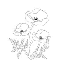 blomma färg sida och bok vallmo blomma linje konst hand dragen illustration vektor