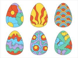 einstellen psychedelisch Ostern Eier im retro Stil 60er Jahre 70er. zum Dekor, drucken, Karte. alt klassisch Karikatur Stil. eben Vektor Illustration