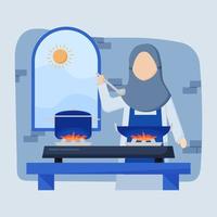 muslim kvinna matlagning i platt illustration vektor