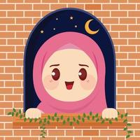 süß Muslim Karikatur im Vorderseite von das Fenster ist genießen das Nacht von Ramadan mit ein schön und cool Atmosphäre eben Vektor Illustration