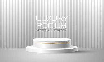 realistisch Weiß Gold Linie 3d Zylinder Podium Attrappe, Lehrmodell, Simulation mit grau Streifen Muster Hintergrund Design zum Produkte Anzeige Bühne Vitrine modern Luxus Hintergrund Vektor