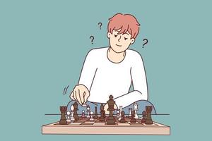 jung Mann Gefühl frustriert denken spielen Schach beim heim. tausendjährig Kerl beteiligt im Spiel auf Schachbrett. Hobby Konzept. Vektor Illustration.