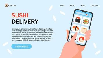 beställa sushi uppkopplad. händer innehav smartphone och välja sushi. asiatisk restaurang med sushi leverans webb baner. vektor