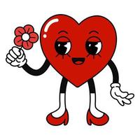 Herz Charakter mit Blume im retro Karikatur Stil. Valentinsgrüße Tag Konzept. eben Vektor Abbildungen auf Weiß Hintergrund.