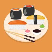 japanisch Essen Sushi und Rollen auf das hölzern Schneiden Tafel. Vektor Illustration.