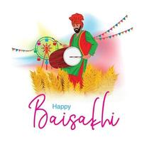vektor illustration av Lycklig baisakhi. punjabi man håller på med bhangra med trummor i fält