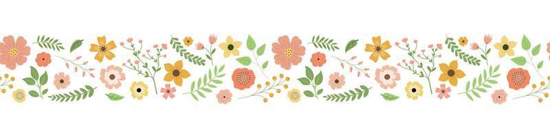 Karikatur Frühling Blumen, Blätter, und Beeren nahtlos Rand Muster. isoliert auf Weiß Hintergrund. bunt Garten Blumen im ein Reihe. Design zum Aufkleber, Etiketten, und Banner vektor