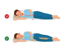 falsch und richtig Nacken, Rücken und Knie Ausrichtung von jung Mann Schlafen Körper Haltung vektor