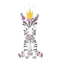 Vektor Karikatur illustriert Bild von ein wild afrikanisch Tier. süß lächelnd Baby Zebra Charakter im ein Krone Sitzung auf seine Pfoten. ein fertig Vorlage zum ein Kinder drucken, Buch oder Hintergrund.