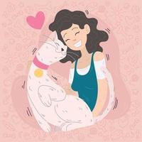 glücklich Mädchen umarmen ihr süß Katze Vektor