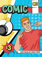 färgad komisk omslag sida med en manlig karaktär och en bomba vektor