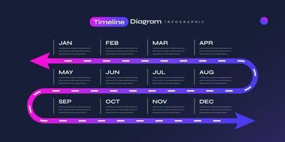 modern och färgrik infographic design mall med kalender och pilar . tidslinje diagram presentation design med 12 alternativ vektor