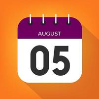 augusti dag 5. siffra fem på en vit papper med lila Färg gräns på en orange bakgrund vektor
