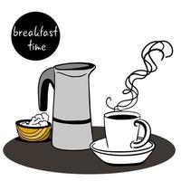 Frühstück Zeit. gut Morgen mit Tasse von heiß Kaffee und Geysir Kaffee Hersteller. Dort ist Hütte Käse im ein hölzern Platte. einfach Frühstück. vektor